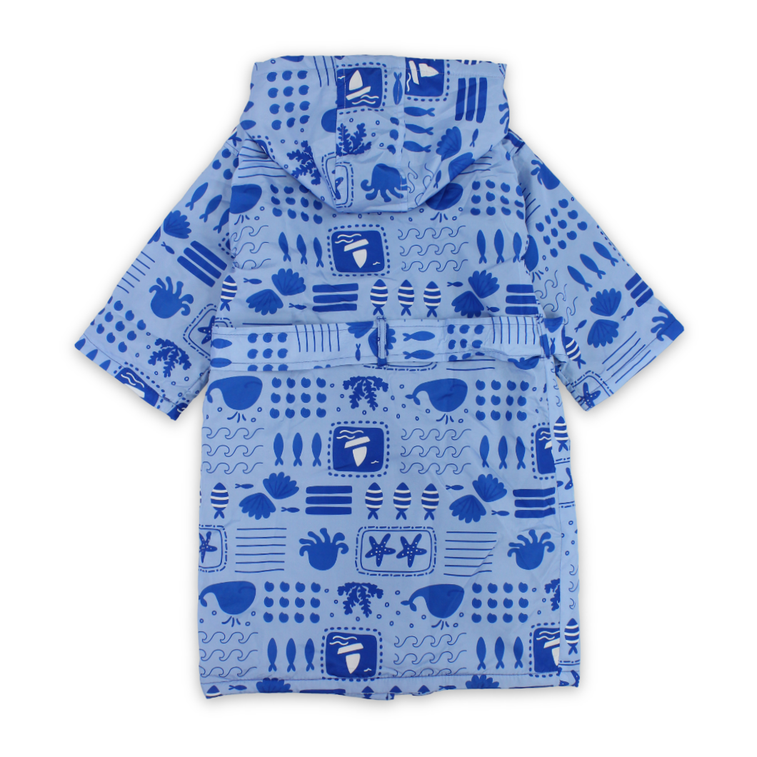 Boys Waterproof Swim Robe – Baby Blue with Sea Creatures Print