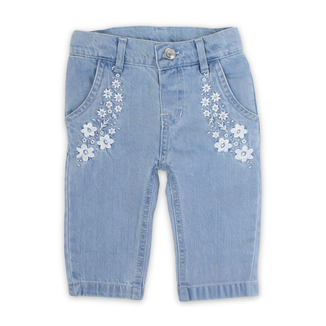 Baby Girls Denim Pants – Ice Blue with Flowers Embroidery