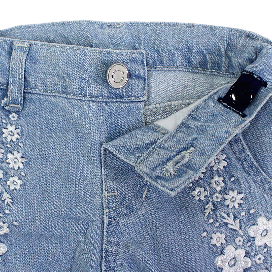 Baby Girls Denim Pants – Ice Blue with Flowers Embroidery