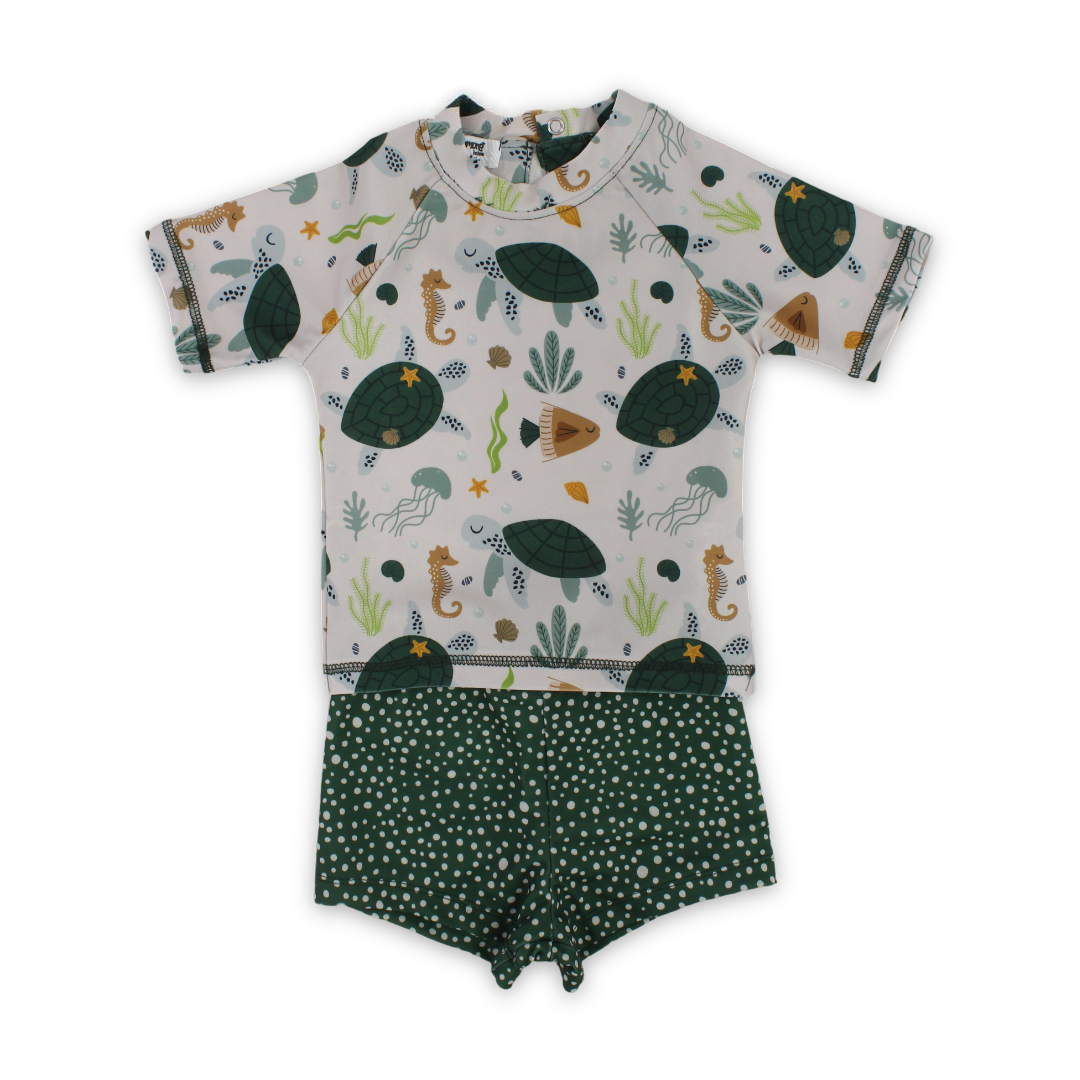 Baby Boys 2-Piece Swimsuit – Beige & Olive with Sea Creatures Print - Clothing - Playmore