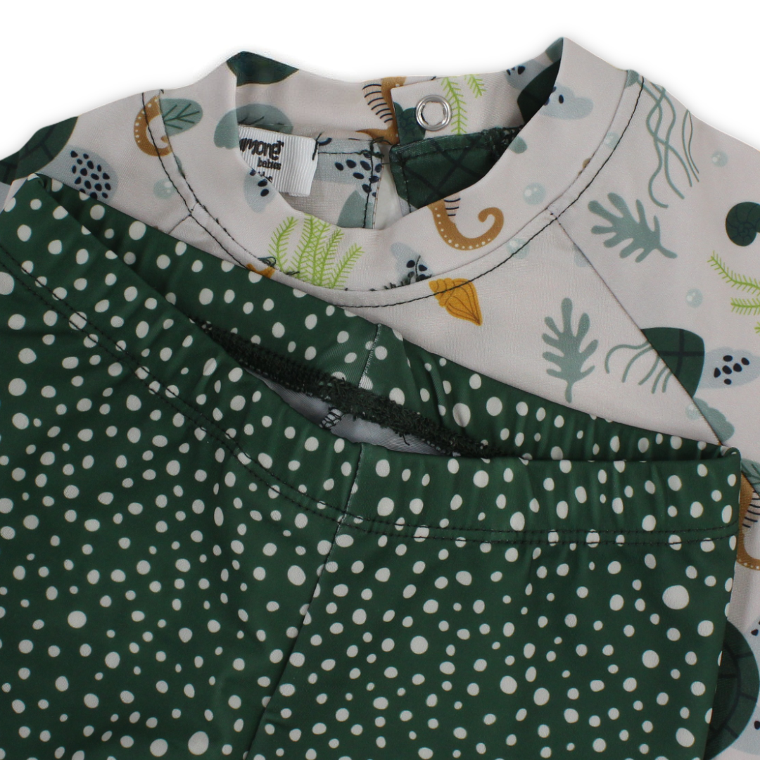 Baby Boys 2-Piece Swimsuit – Beige & Olive with Sea Creatures Print