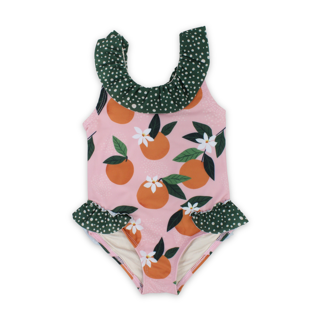 Baby Girls One-Piece Sleeveless Swimsuit – Dusty Pink & Olive with Orange Print - Clothing - Playmore