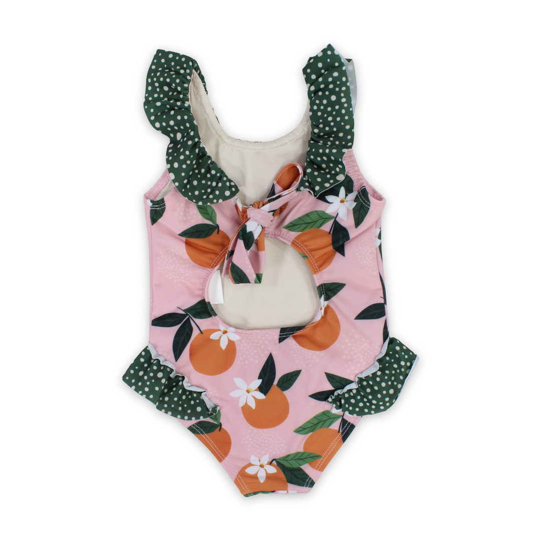 Baby Girls One-Piece Sleeveless Swimsuit – Dusty Pink & Olive with Orange Print