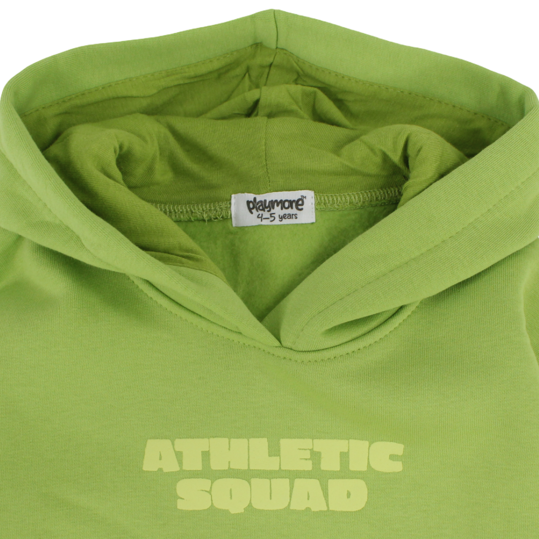 Boys Cotton Hoodie – Green with "Athletic Squad" Print