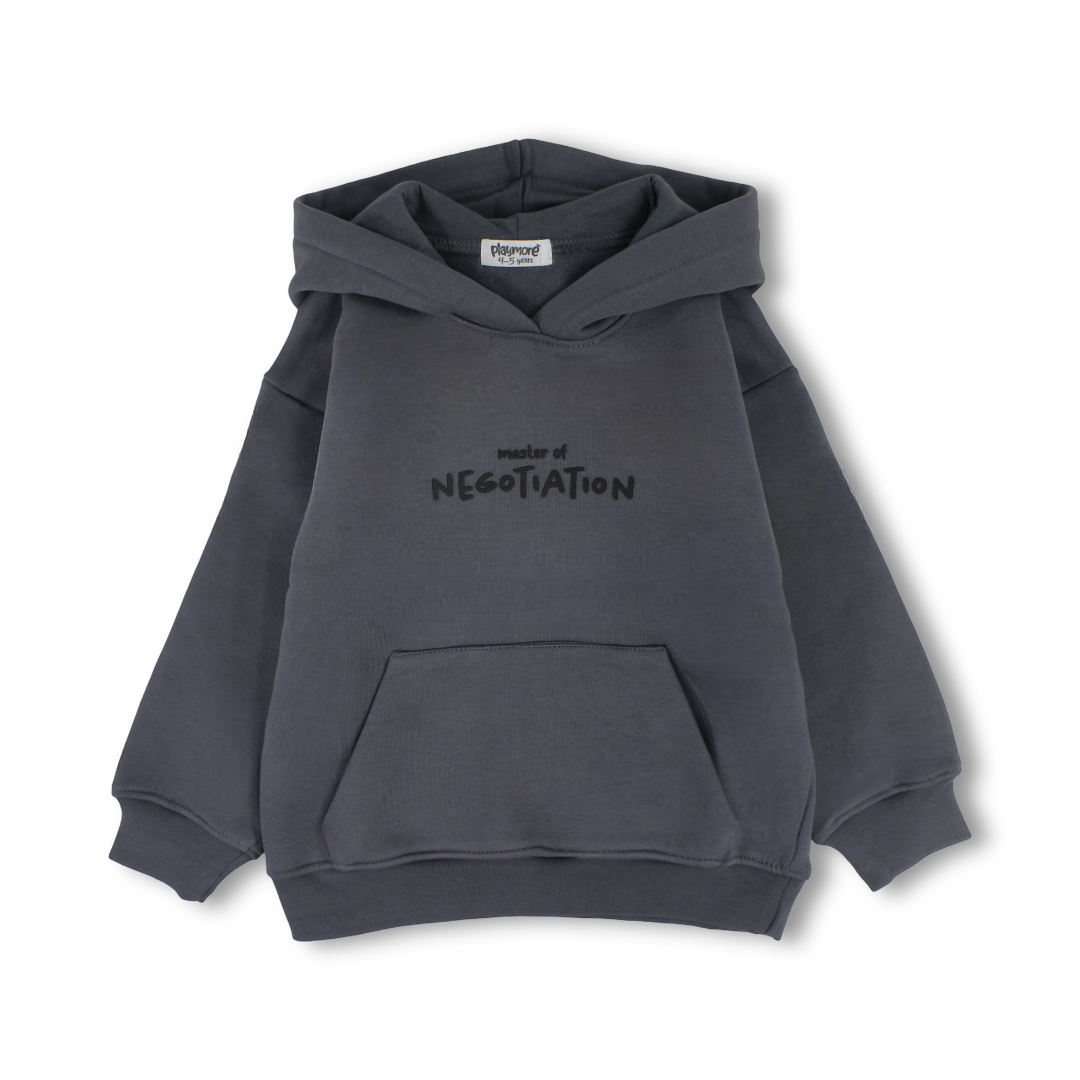 Boys Cotton Hoodie – Grey with "Master of Negotiation" Design
