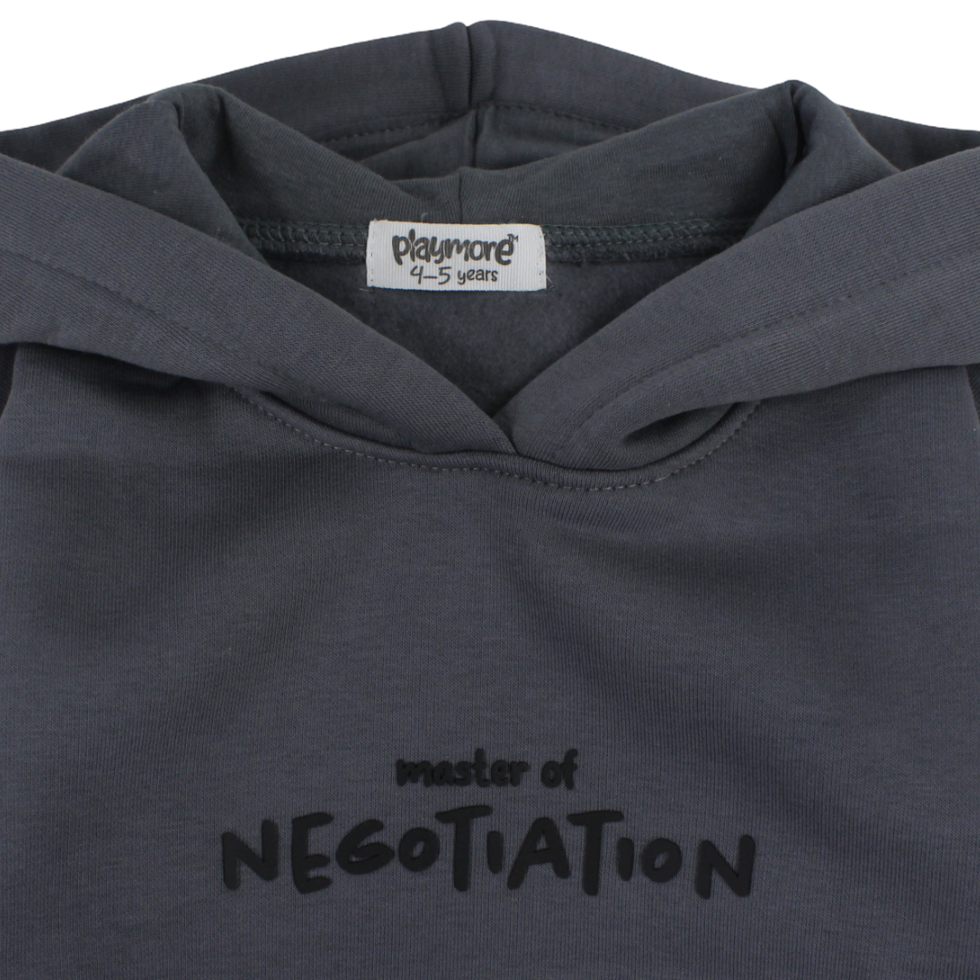 Boys Cotton Hoodie – Grey with "Master of Negotiation" Design
