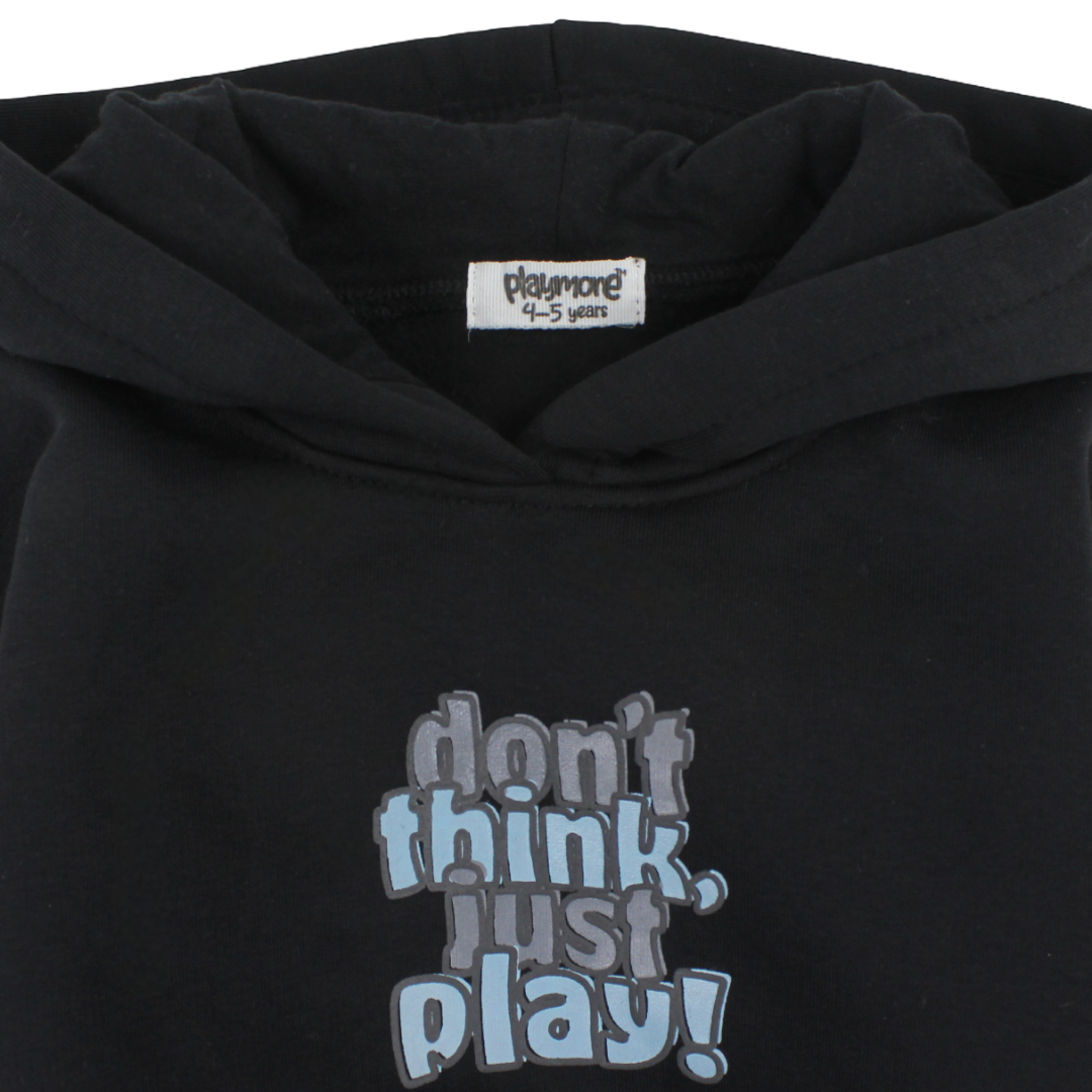 Boys Cotton Hoodie – Black with "Don't Think,Just Play!" Print