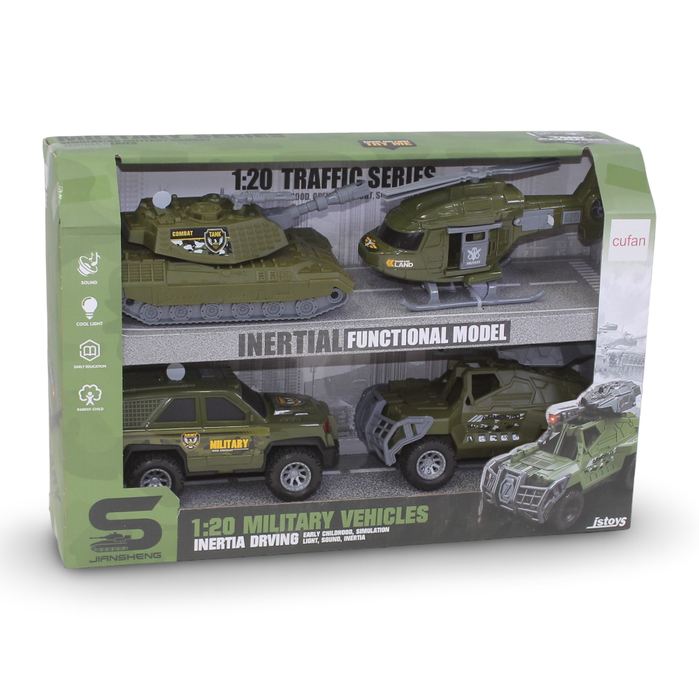 Jiansheng Inertia Driving Military Vehicles 1:20 Scale (Sound & Light) – 4 Pcs - Toys