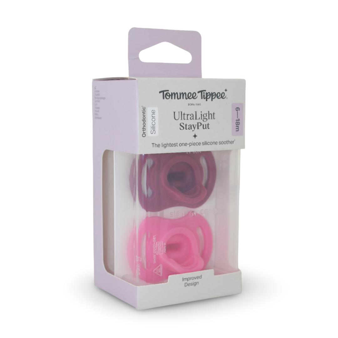 Tommee Tippee Ultra-Light StayPut Silicone Soother 6-18m – Pink & Burgundy - Baby Essentials