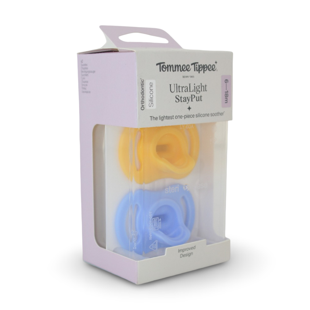 Tommee Tippee Ultra-Light StayPut Silicone Soother 6-18m – Yellow & Baby Blue - Baby Essentials