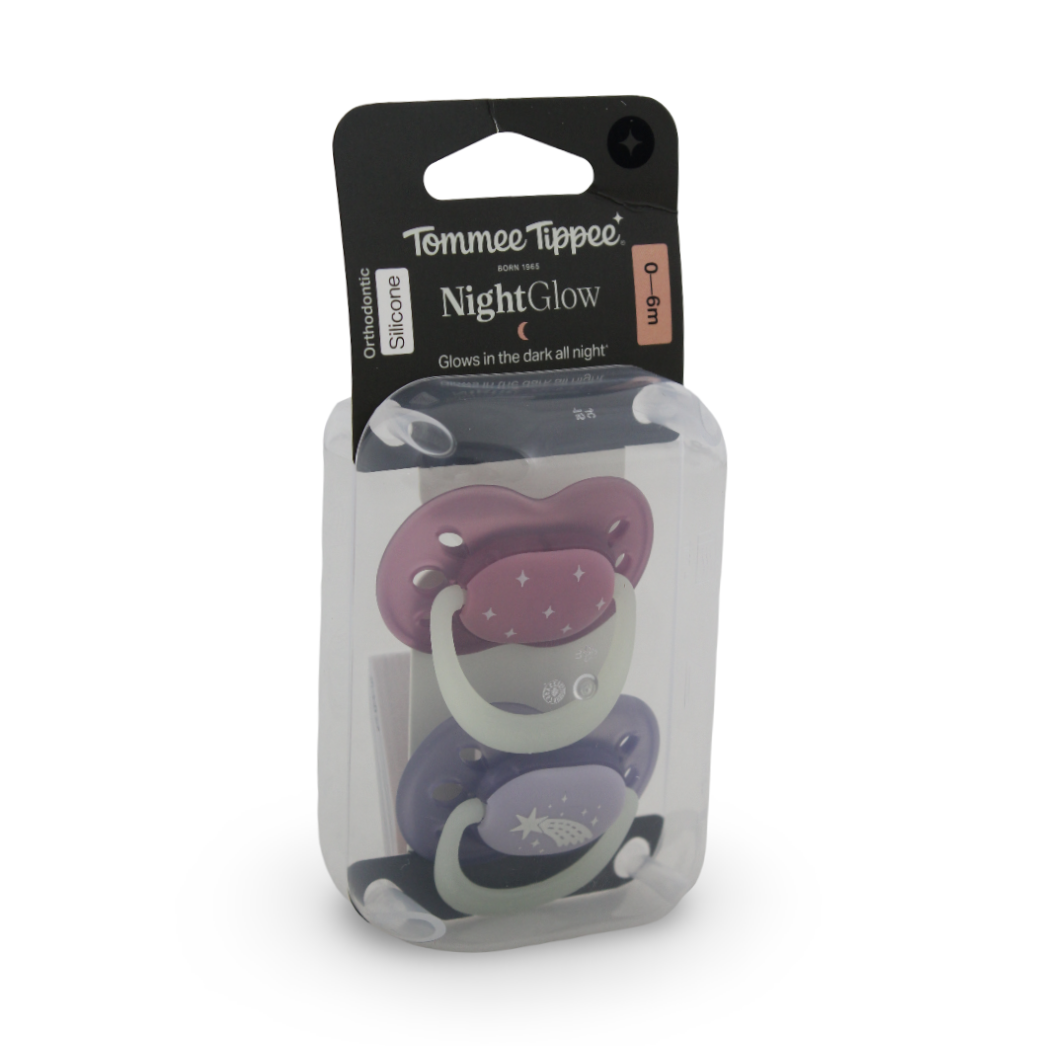 Tommee Tippee NightGlow Orthodontic Pacifiers 0-6m – Purple & Fuchsia - Baby Essentials