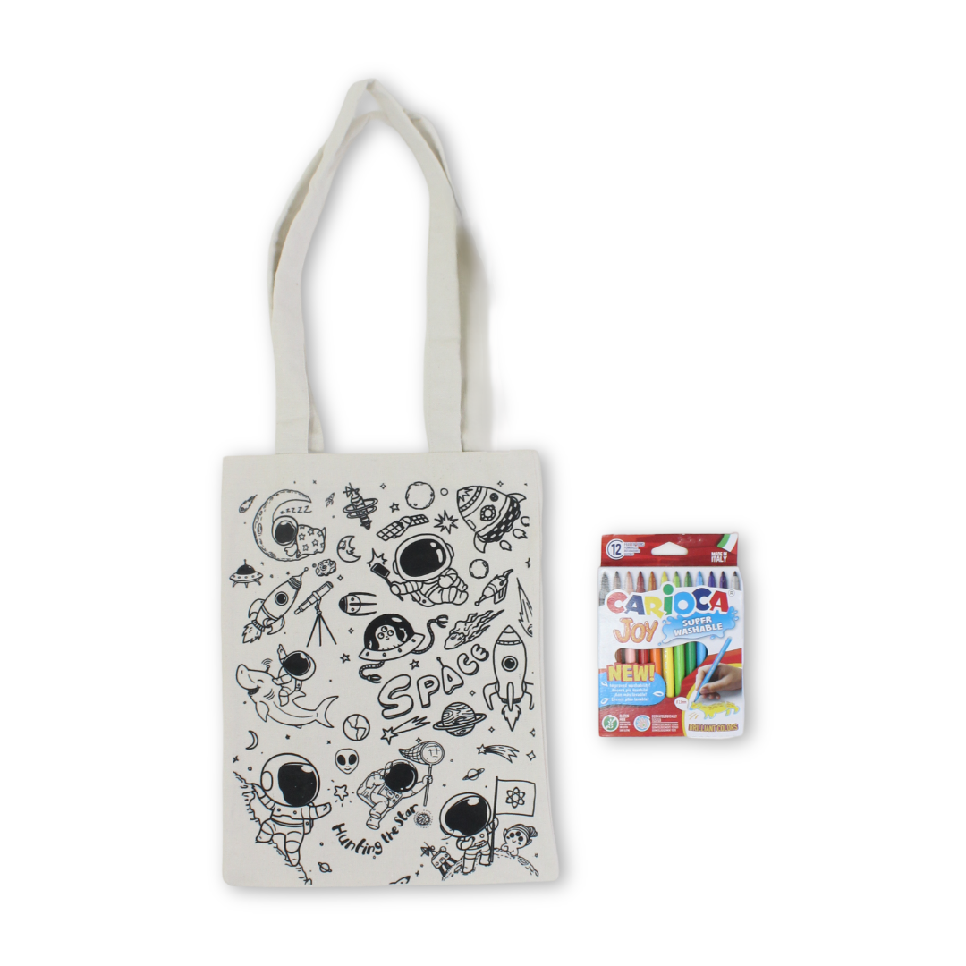 Washable Coloring Tote Bag size 30*40 – Space Design + Box of 12 Colors - Toys - Bedaya Designs