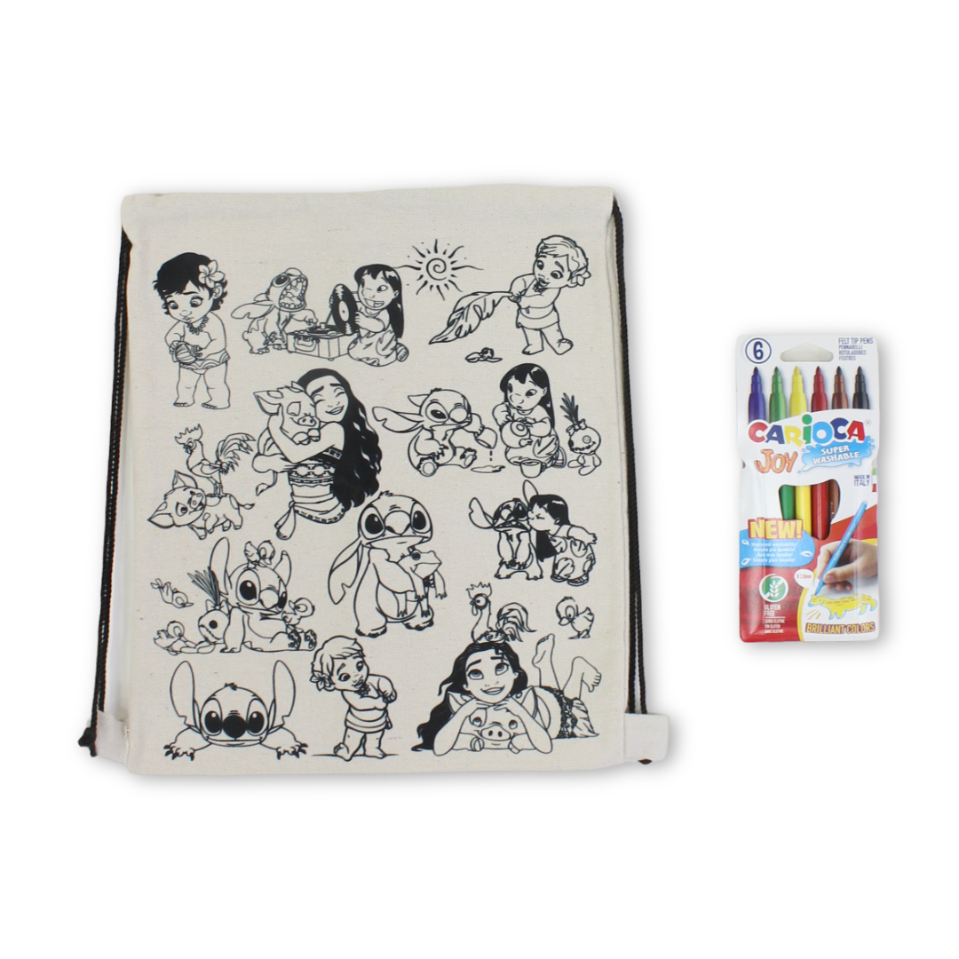 Washable Colouring Drawstring Bag 30*35 Stitch & Moana Design + Box of 6 Colors - Toys - Bedaya Designs