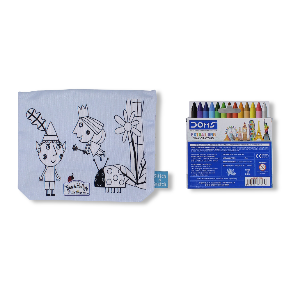 Ben & Holly Coloring Pencil Case with Extra Long Wax Crayons 12 Colours + 1 Silver - Stitch and Sketch