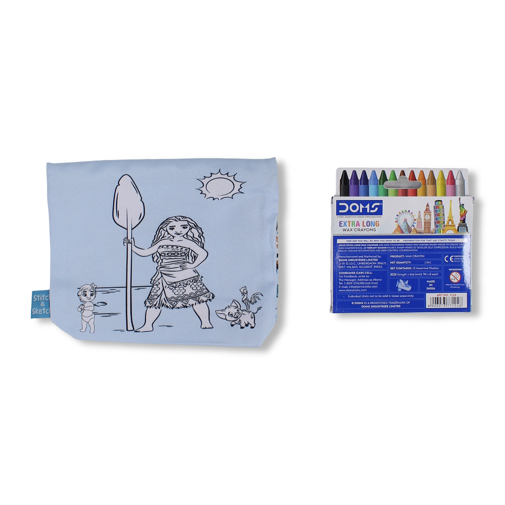 Moana Coloring Pencil Case with Extra Long Wax Crayons 12 Colours + 1 Silver - Toys - Stitch and Sketch