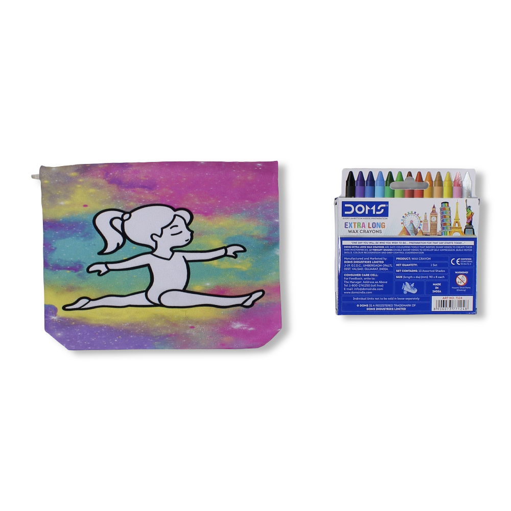 Gymnastics Coloring Pencil Case with Extra Long Wax Crayons 12 Colours + 1 Silver - Stitch and Sketch