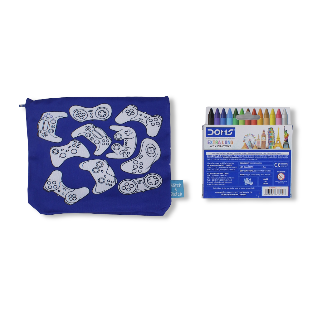 Gamer Coloring Pencil Case with Extra Long Wax Crayons 12 Colours + 1 Silver - Toys - Stitch and Sketch
