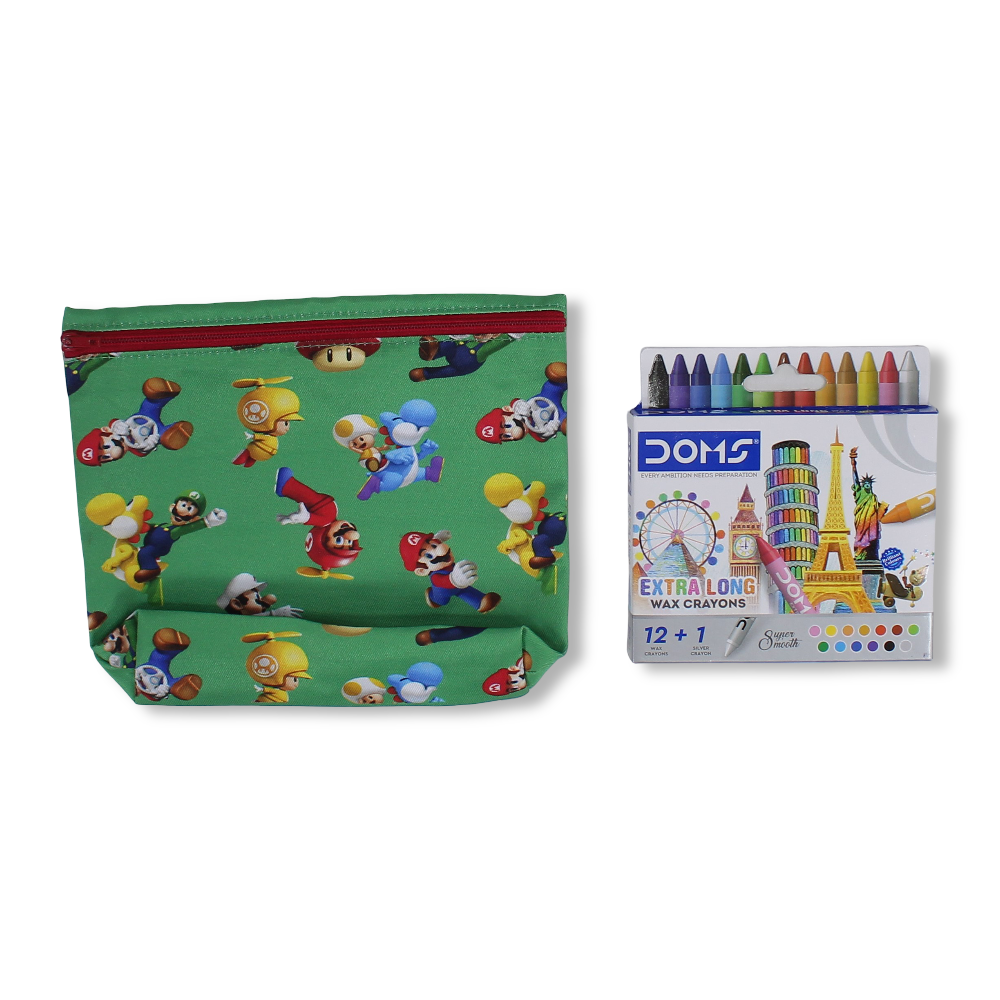 Super Mario Coloring Pencil Case with Extra Long Wax Crayons 12 Colours + 1 Silver