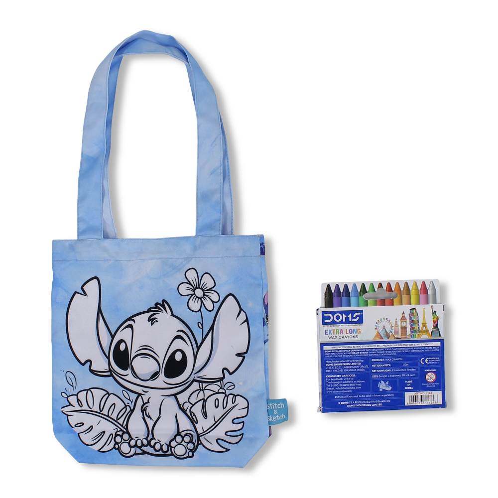 Stitch Small Coloring Tote Bag with Extra Long Wax Crayons 12 Colours + 1 Silver - Stitch and Sketch