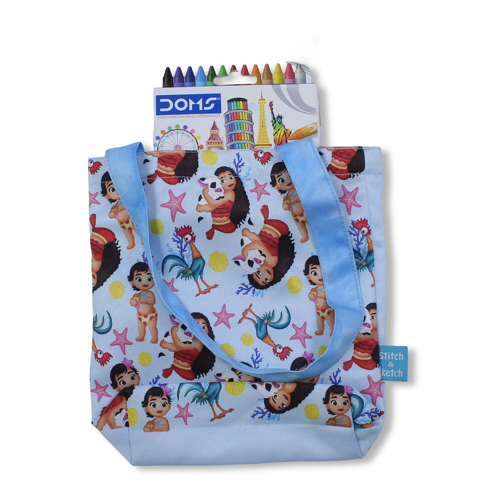 Moana Small Coloring Tote Bag with Extra Long Wax Crayons 12 Colours + 1 Silver