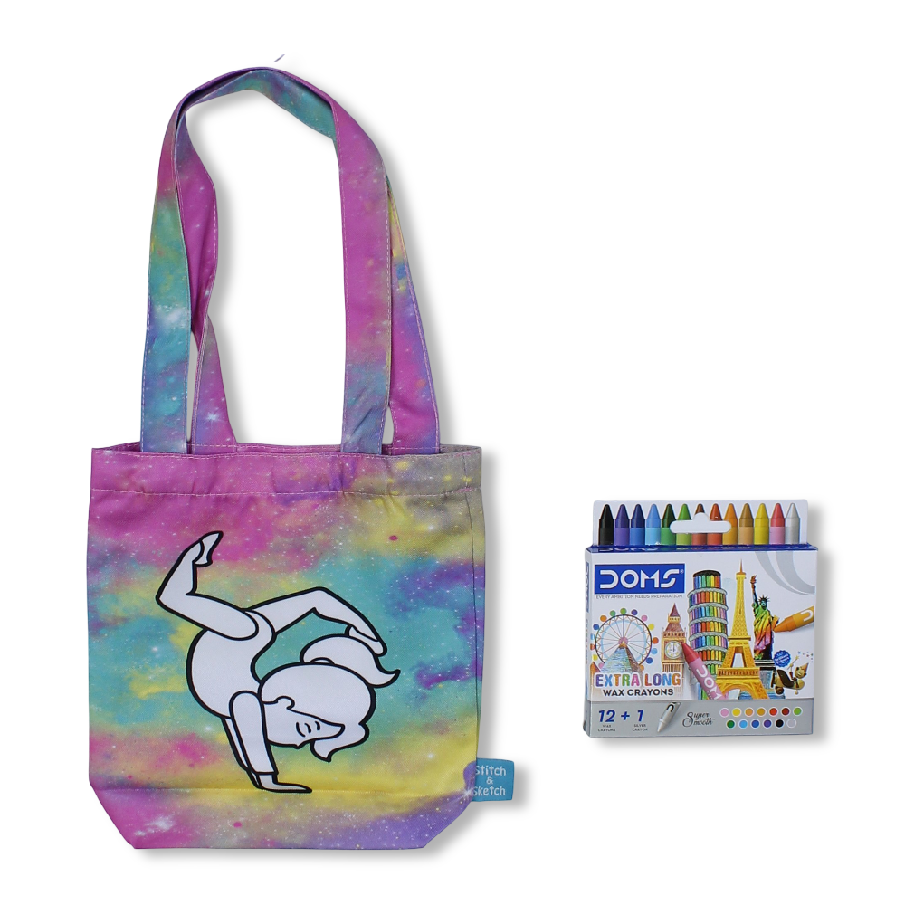 Gymnastics Small Coloring Tote Bag with Extra Long Wax Crayons 12 Colours + 1 Silver - Stitch and Sketch