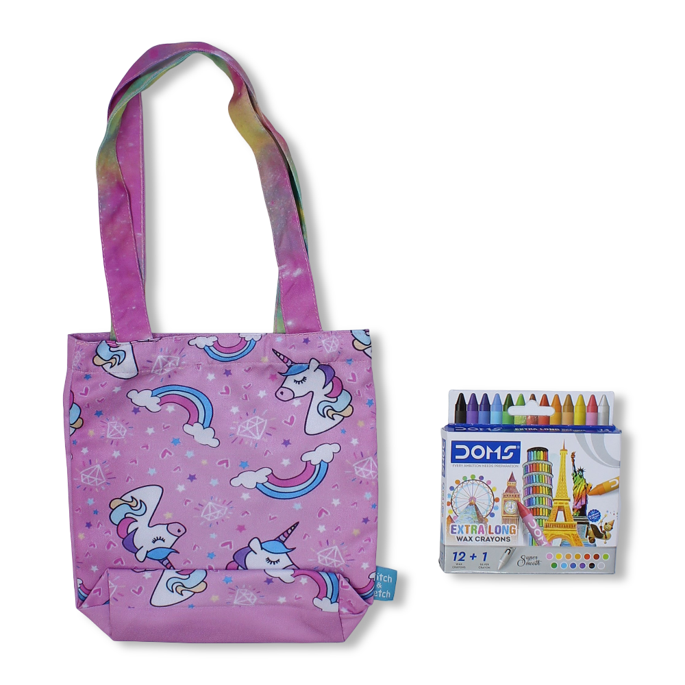 Unicorn Small Coloring Tote Bag with Extra Long Wax Crayons 12 Colours + 1 Silver