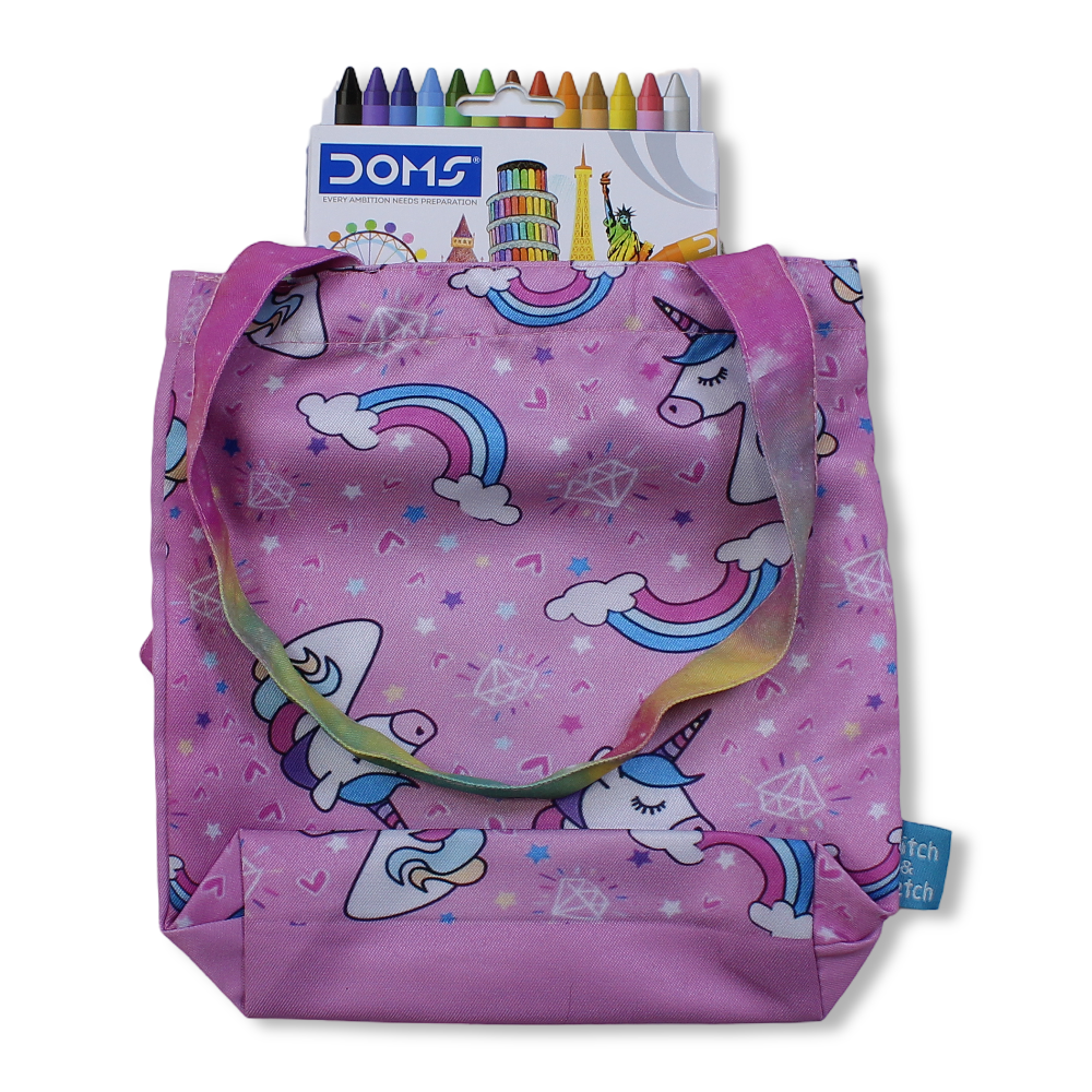 Unicorn Small Coloring Tote Bag with Extra Long Wax Crayons 12 Colours + 1 Silver