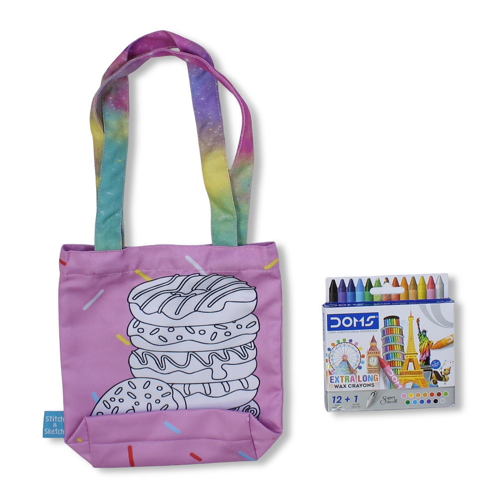 Donuts Small Coloring Tote Bag with Extra Long Wax Crayons 12 Colours + 1 Silver - Stitch and Sketch