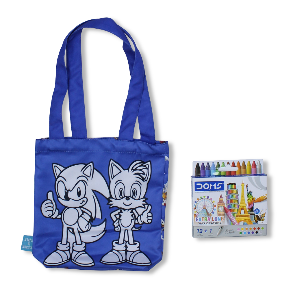 Sonic Small Coloring Tote Bag with Extra Long Wax Crayons 12 Colours + 1 Silver - Toys - Stitch and Sketch