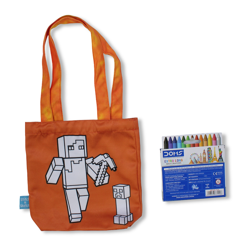 Minecraft Small Coloring Tote Bag with Extra Long Wax Crayons 12 Colours + 1 Silver - Stitch and Sketch