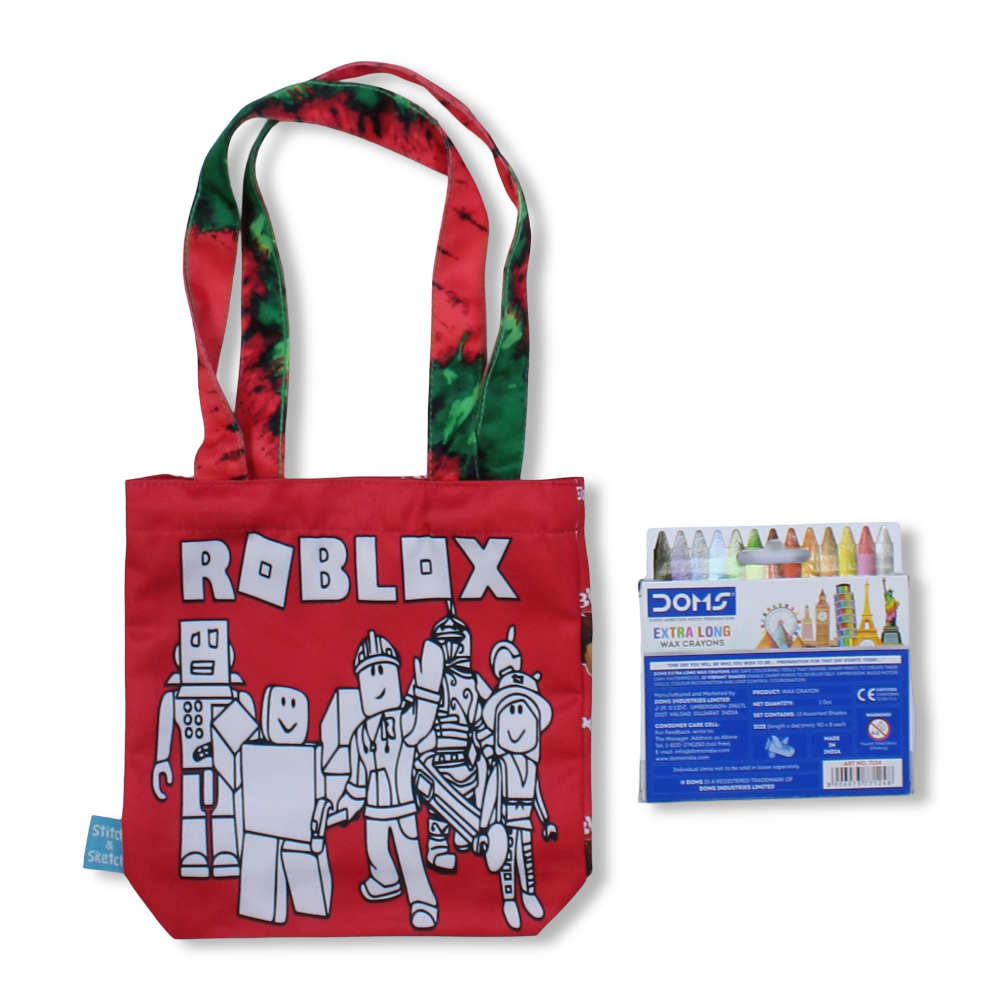 Roblox Small Coloring Tote Bag with Extra Long Wax Crayons 12 Colours + 1 Silver - Stitch and Sketch