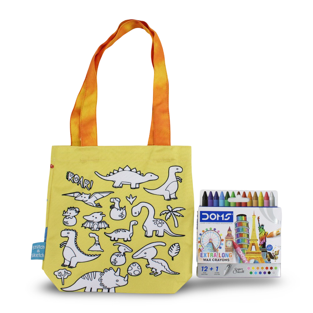 Dino Small Coloring Tote Bag with Extra Long Wax Crayons 12 Colours + 1 Silver - Toys - Stitch and Sketch