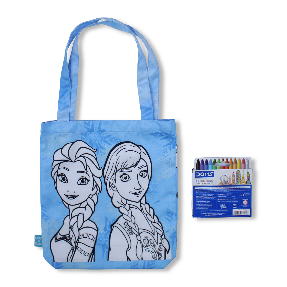 Frozen Medium Coloring Tote Bag with Extra Long Wax Crayons 12 Colours + 1 Silver - Stitch and Sketch