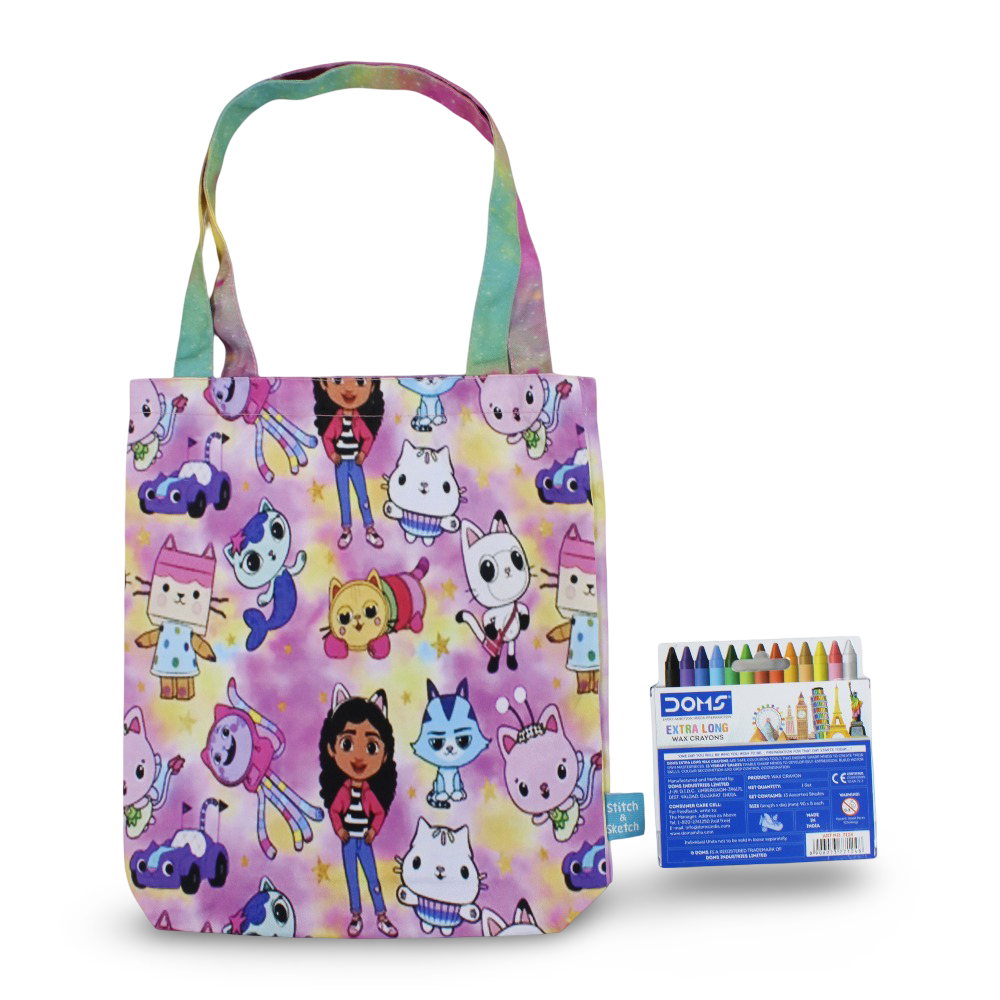 Gabby's Medium Coloring Tote Bag with Extra Long Wax Crayons 12 Colours + 1 Silver