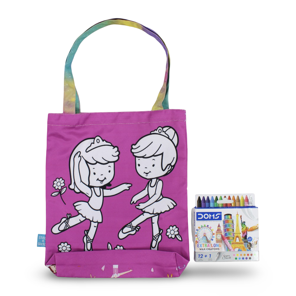Ballerina Medium Coloring Tote Bag with Extra Long Wax Crayons 12 Colours + 1 Silver - Stitch and Sketch