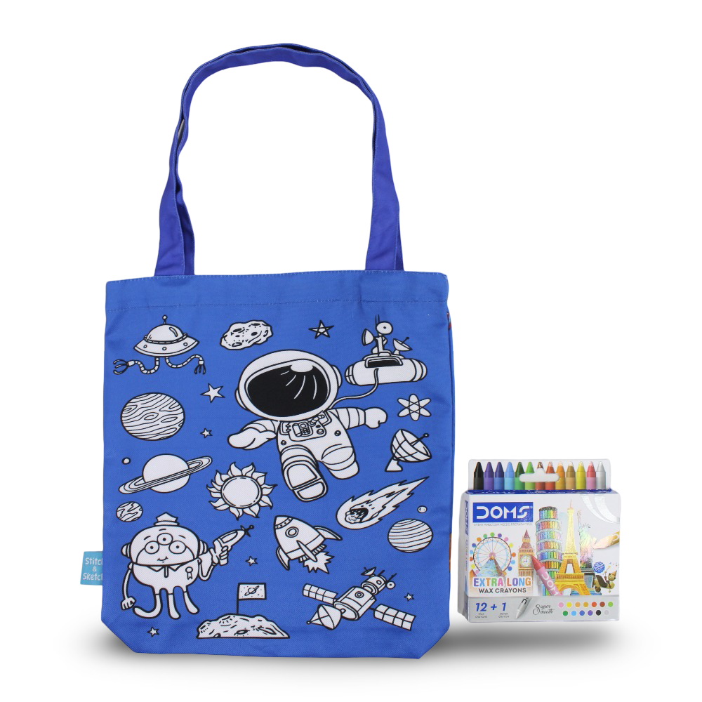 Space Medium Coloring Tote Bag with Extra Long Wax Crayons 12 Colours + 1 Silver - Stitch and Sketch
