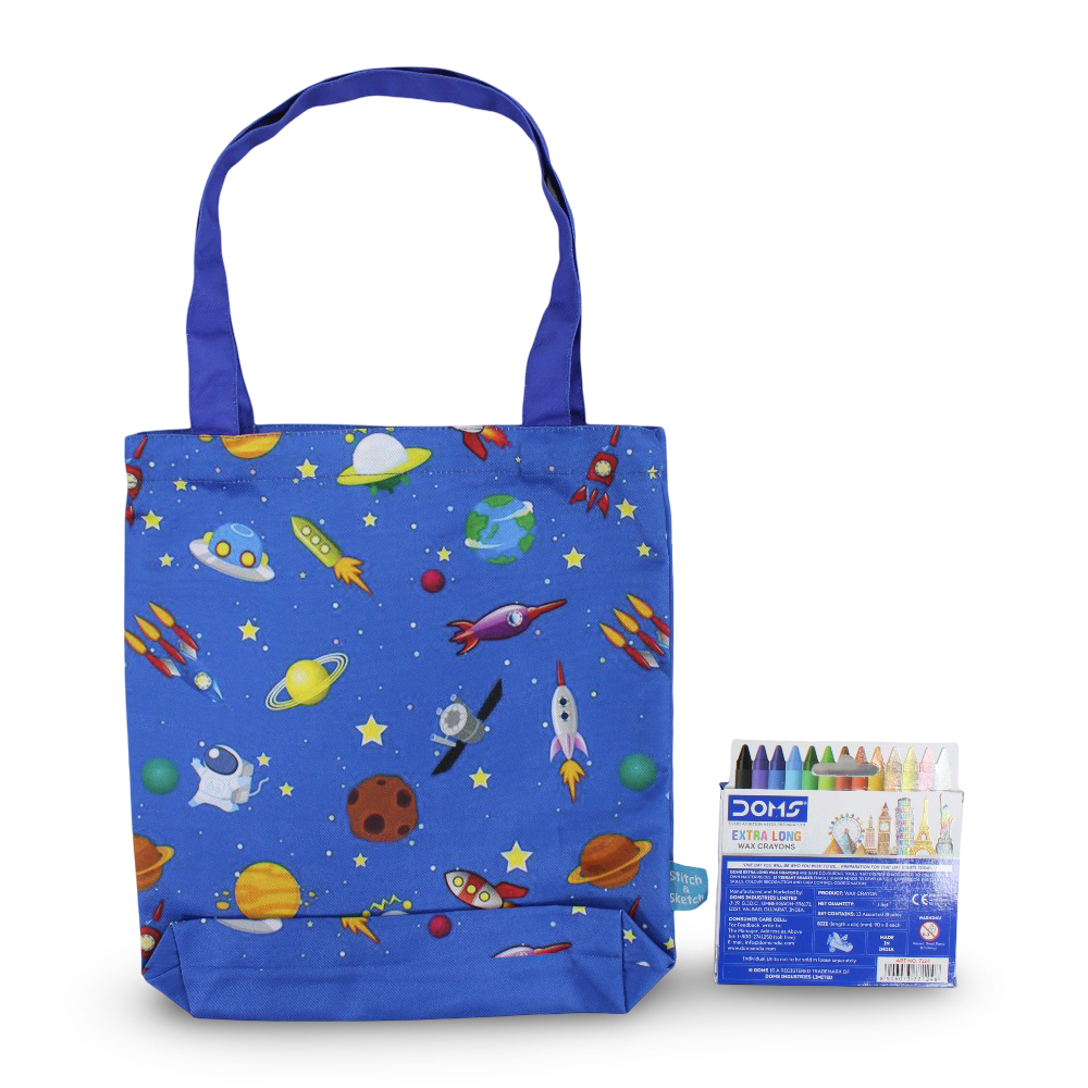 Space Medium Coloring Tote Bag with Extra Long Wax Crayons 12 Colours + 1 Silver