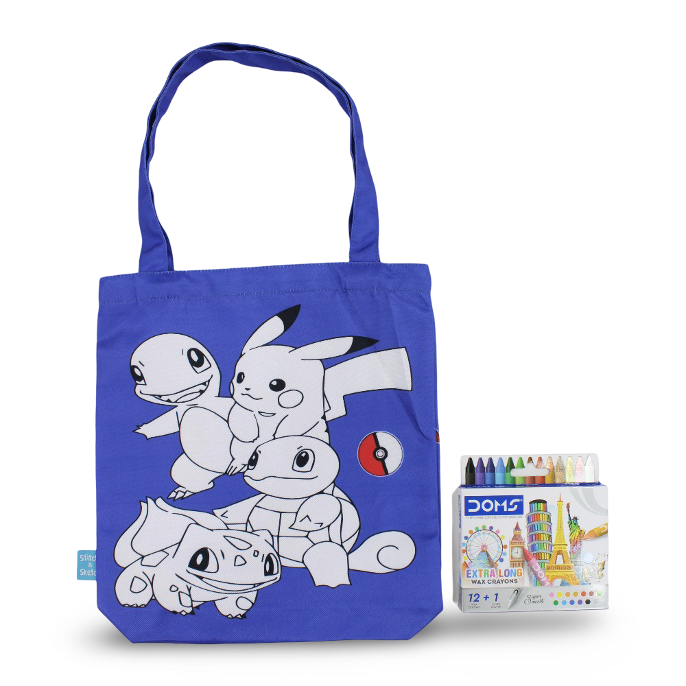 Pokemon Medium Coloring Tote Bag with Extra Long Wax Crayons 12 Colours + 1 Silver - Stitch and Sketch