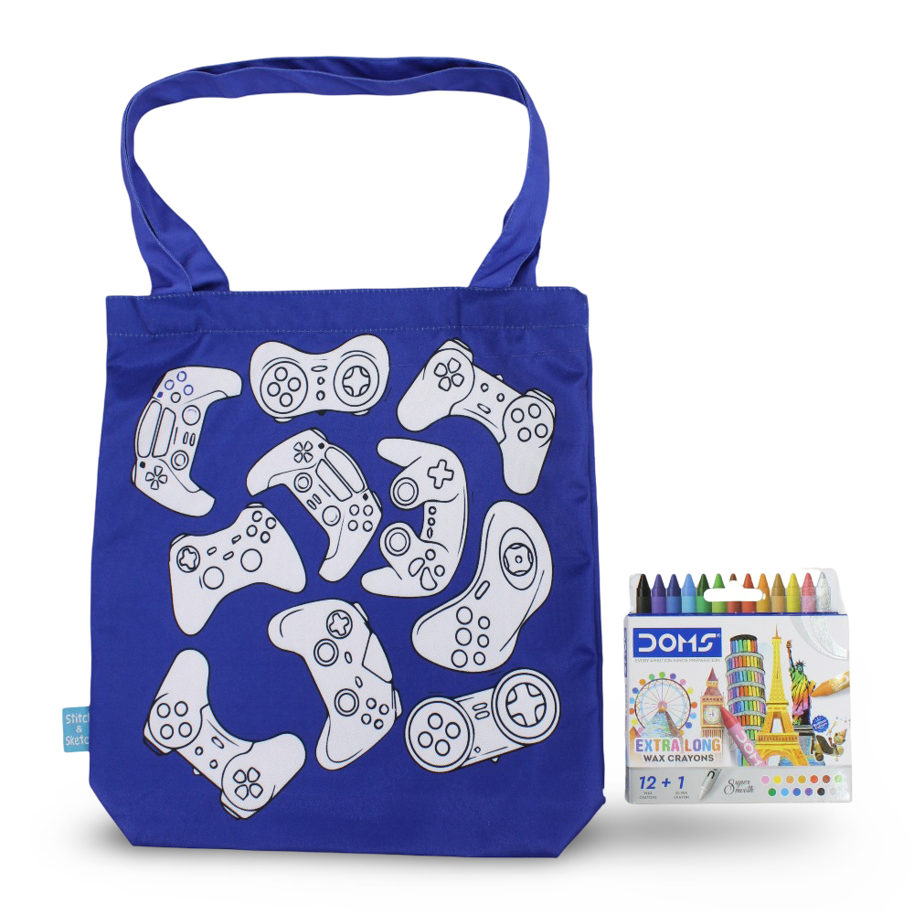 Gamer Medium Coloring Tote Bag with Extra Long Wax Crayons 12 Colours + 1 Silver - Stitch and Sketch