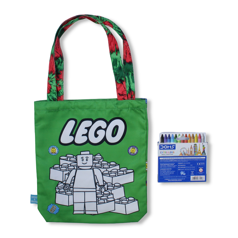 Lego Medium Coloring Tote Bag with Extra Long Wax Crayons 12 Colours + 1 Silver - Toys - Stitch and Sketch