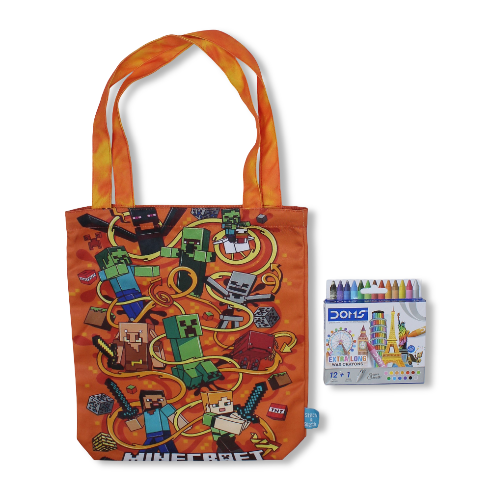 Minecraft Medium Coloring Tote Bag with Extra Long Wax Crayons 12 Colours + 1 Silver
