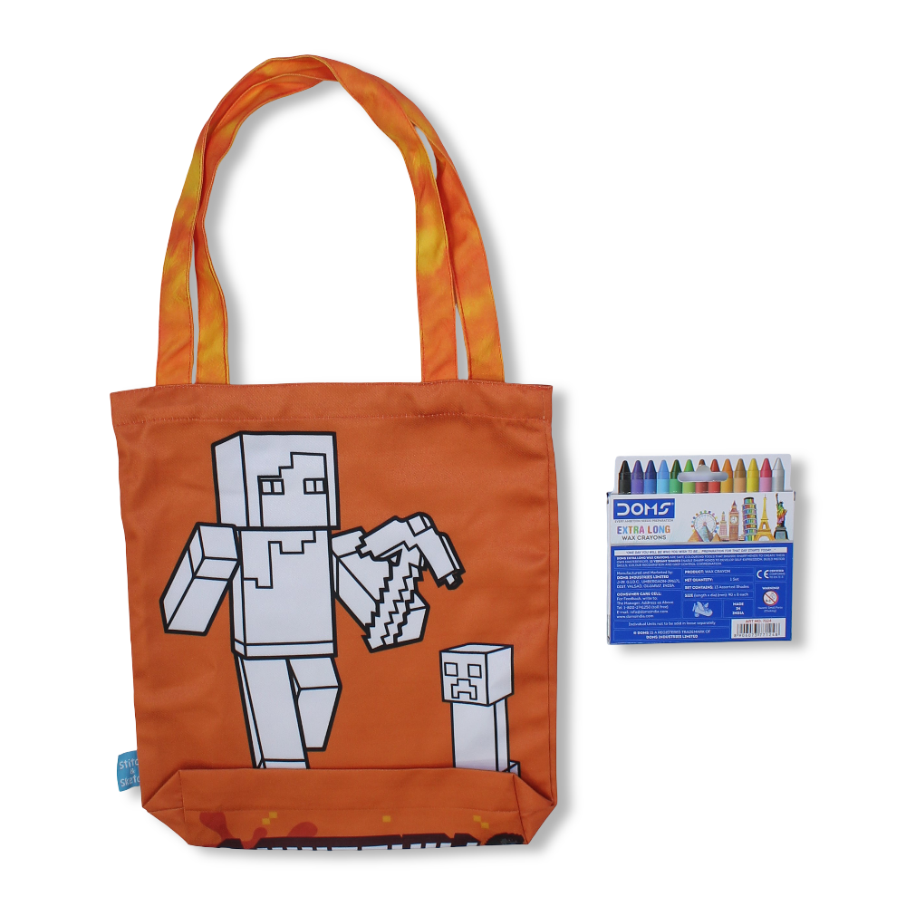 Minecraft Medium Coloring Tote Bag with Extra Long Wax Crayons 12 Colours + 1 Silver - Stitch and Sketch