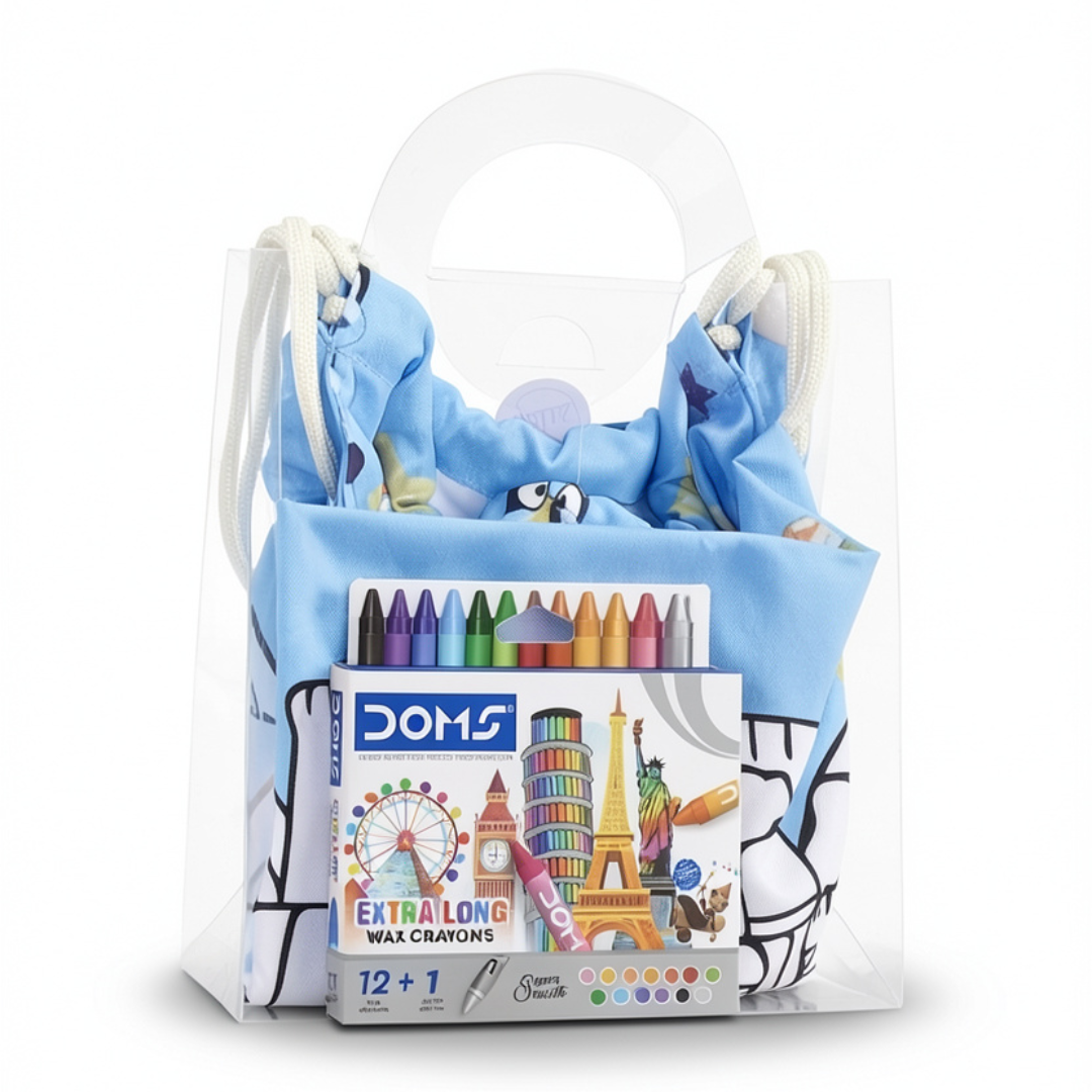 Bluey Coloring Tote Bag + Doms Extra Long Wax Crayons Set - School - Stitch and Sketch
