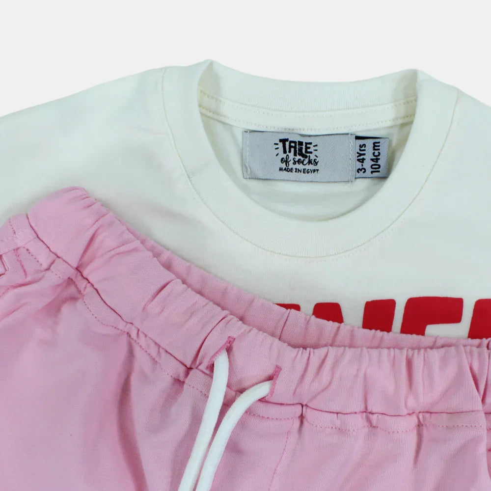 Girls Cotton Short-Sleeved Pajama – Pink and White