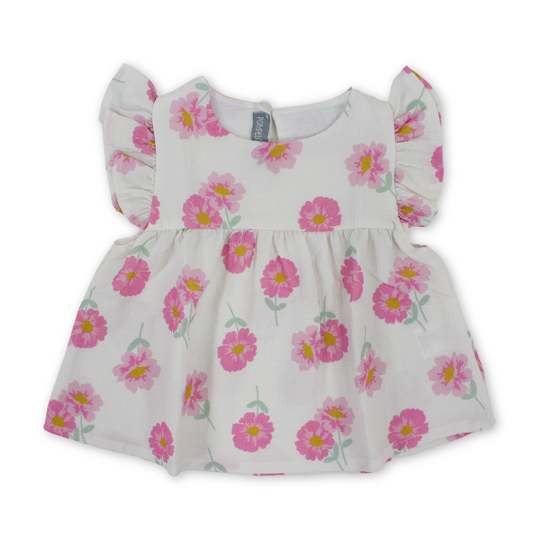 Baby Girls Cotton Blouse – Off-White with Flowers Print - Clothing - Pompelo