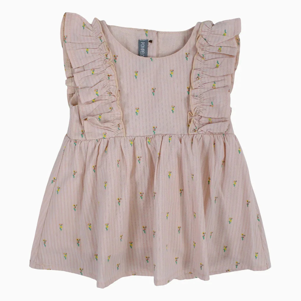 Baby Girls Cotton Dress – Salmon with Little Flowers