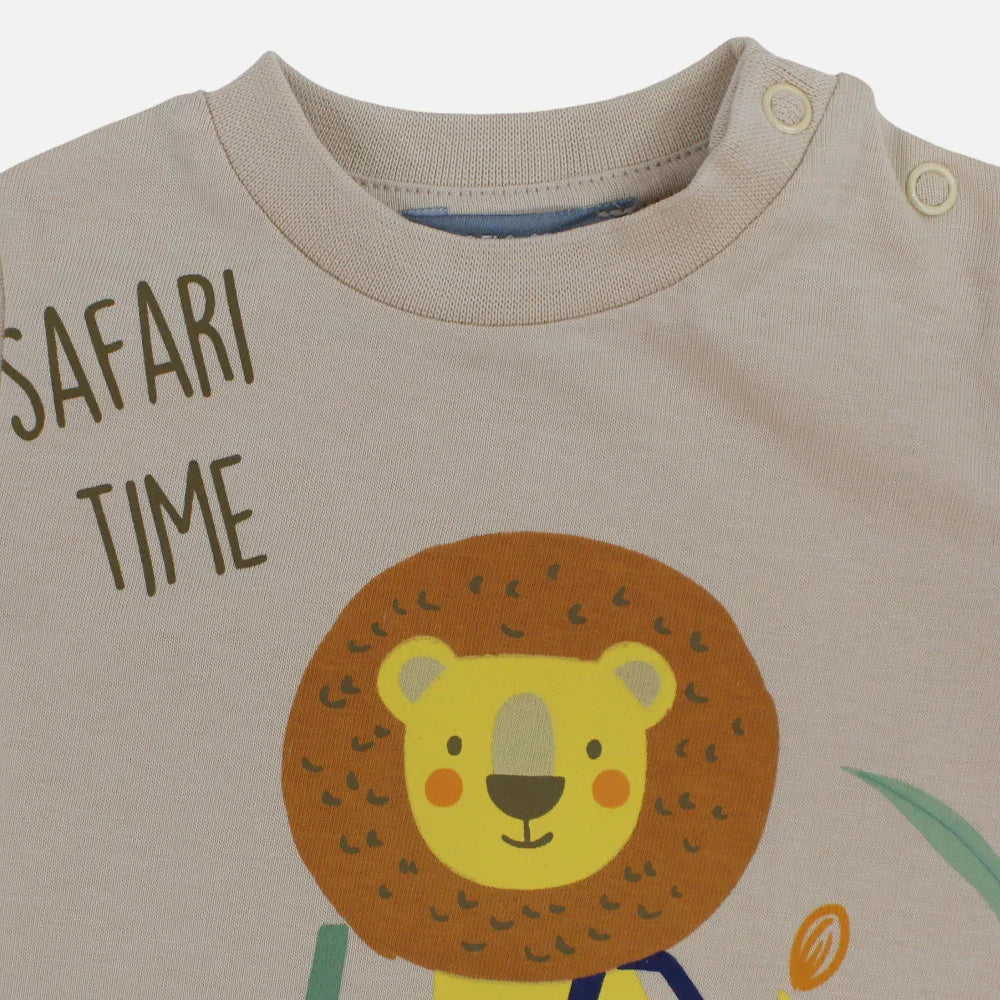 Baby Boys Cotton T-Shirt - Beige with Safari Time Print