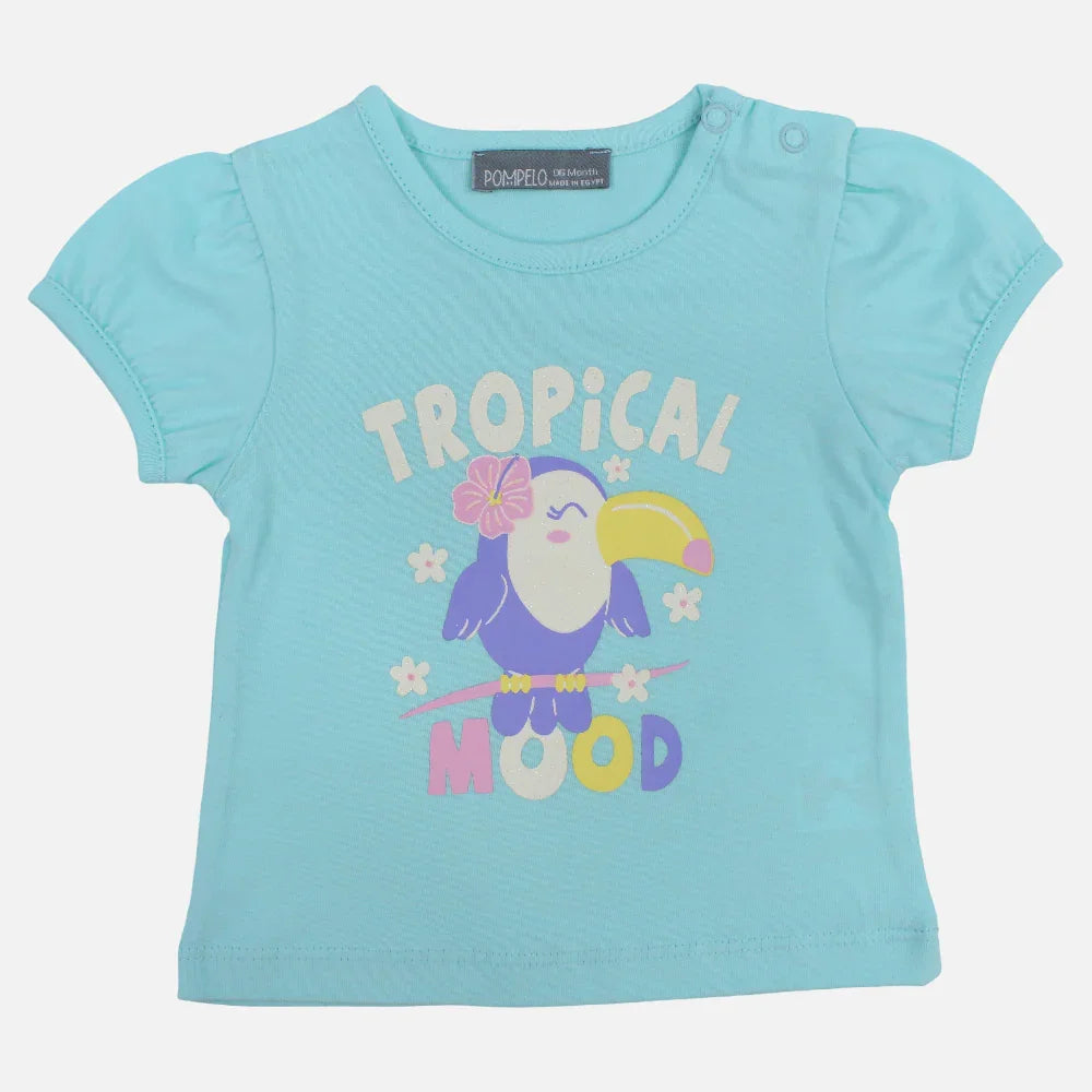 Baby Girls Cotton T-Shirt – Aqua with Parrot Design