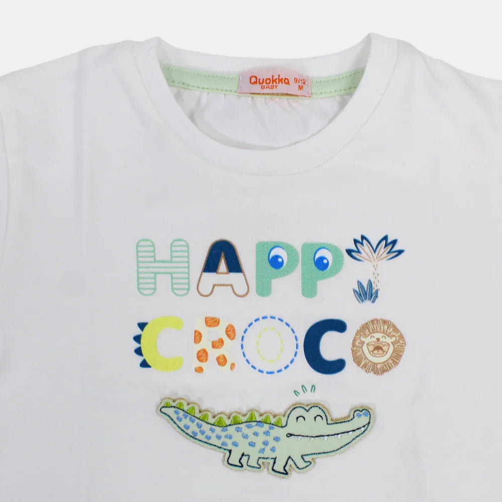 Boys Short-Sleeved Cotton T-Shirt with Happy Croco Print