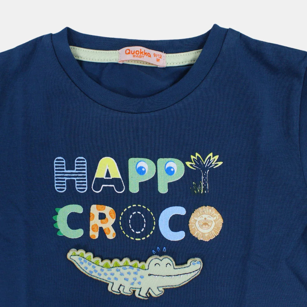Boys Short-Sleeved Cotton T-Shirt with Happy Croco Print